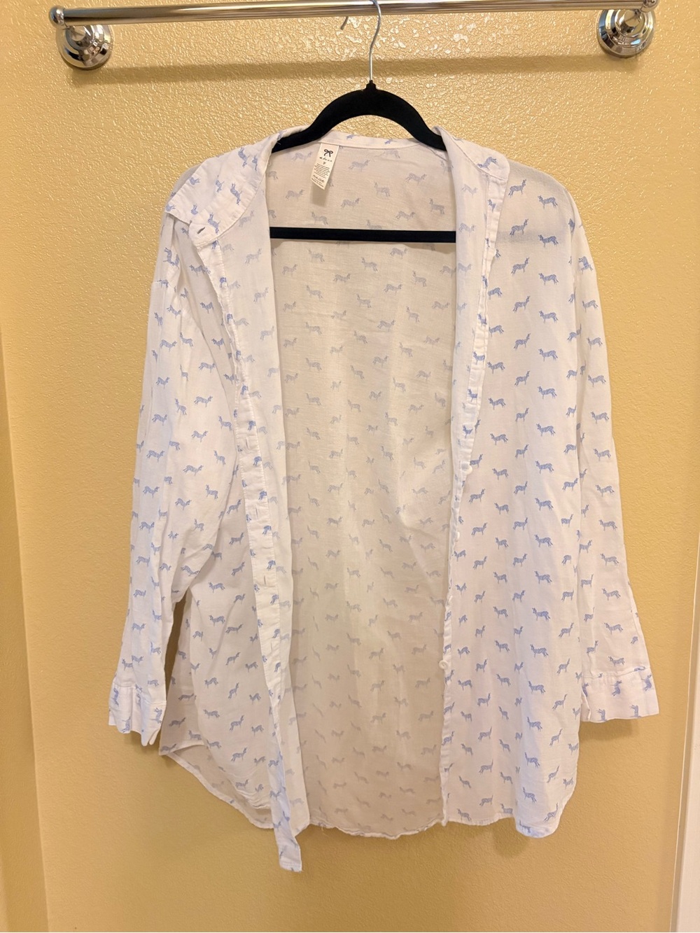 Lightweight White Button-Front Shirt with Blue Dog Print